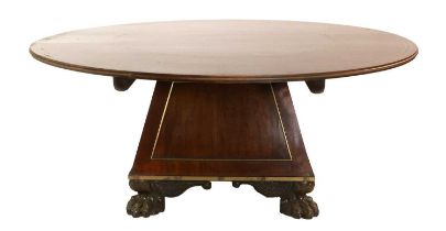 A Regency-Style Mahogany, Ebony and Brass-Inlaid Extending Dining Table, 20th century, the