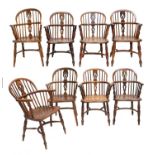 A Harlequin Set of Eight Late 19th Century Ash and Elm Spindle-Back Windsor Armchairs, with double