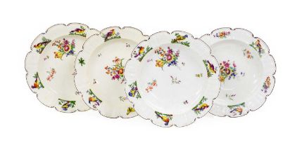 A Set of Four Chelsea Porcelain Plates, circa 1765, of lobed circular form, painted with