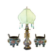 A Pair of Chinese Cloisonne Tripod Censers, in 17th century style, of compressed globular form