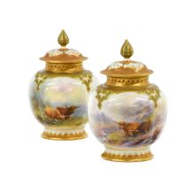 A Pair of Royal Worcester Porcelain Pot Pourri Vases and Covers, by Harry Stinton, 1920, of lobed