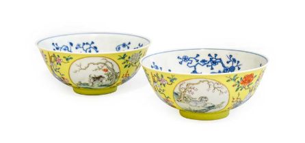 A Pair of Chinese Porcelain Yellow Ground Medallion Bowls, Daoguang mark and of the period,