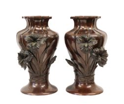 A Pair of Japanese Bronze Vases, Meiji period, of fluted baluster form cast and applied with lilies,