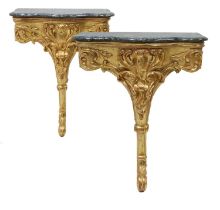 A Pair of 20th Century Giltwood and Gesso Marble-Top Console Tables, the green antico serpentine