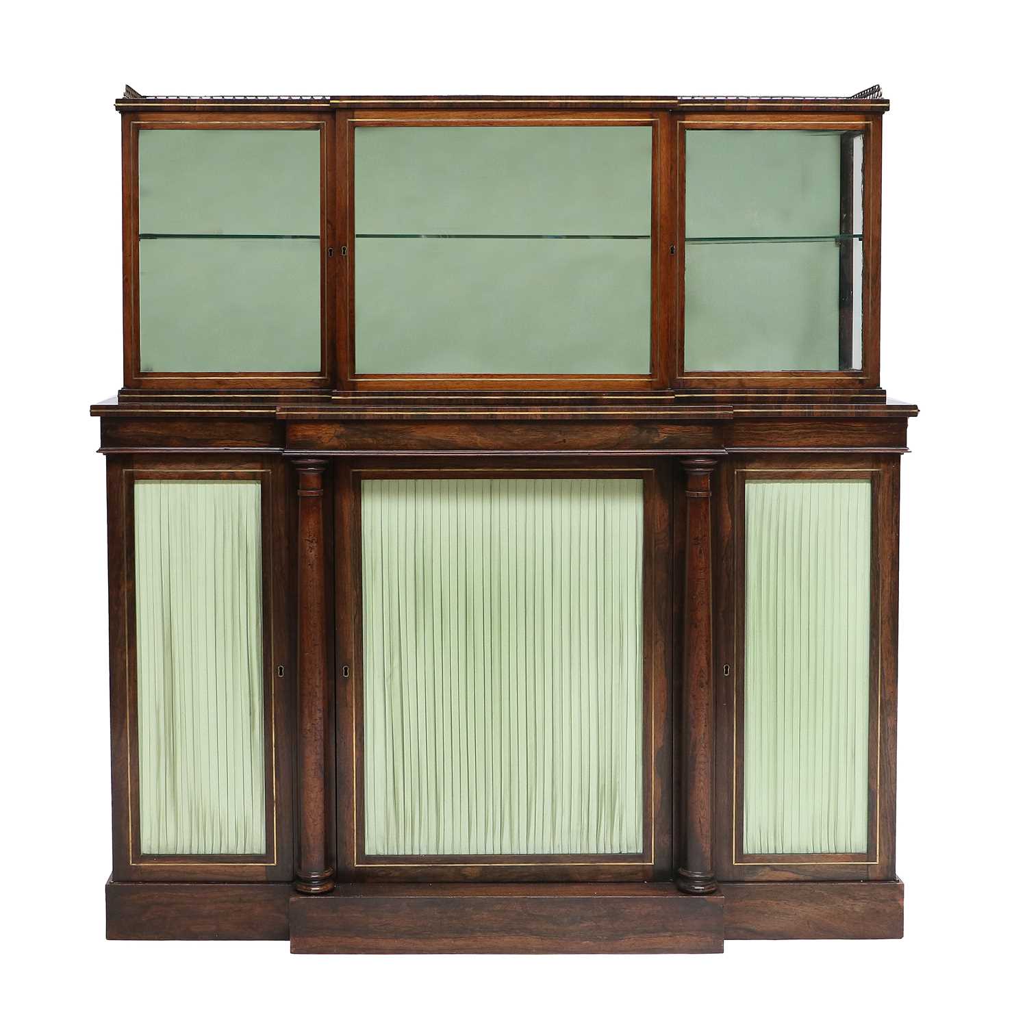 A Regency Rosewood and Brass-Inlaid Breakfront Chiffonier, early 19th century, the upper section
