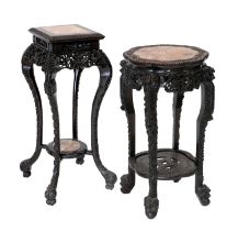 A Chinese Carved Hardwood and Pink Marble Plant Stand, circa 1900, the moulded top decorated with