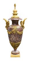 A Gilt Metal Mounted Breche Violette Marble Lamp Base, in Louis XVI style, of urn shape with