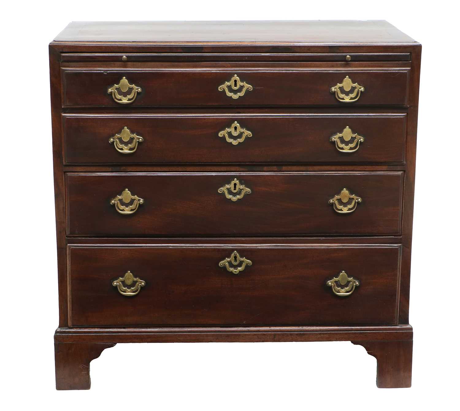 A George II Red Walnut Straight-Front Chest of Drawers, circa 1750, the crossbanded and moulded