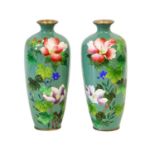 A Pair of Ginbari and Cloisonne Enamel Vases, Meiji/Taisho period, of slender baluster form with