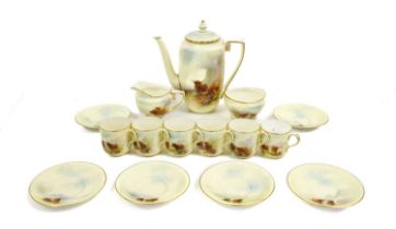A Royal Worcester Porcelain Coffee Service, by Harry Stinton, 1933, painted with highland cattle