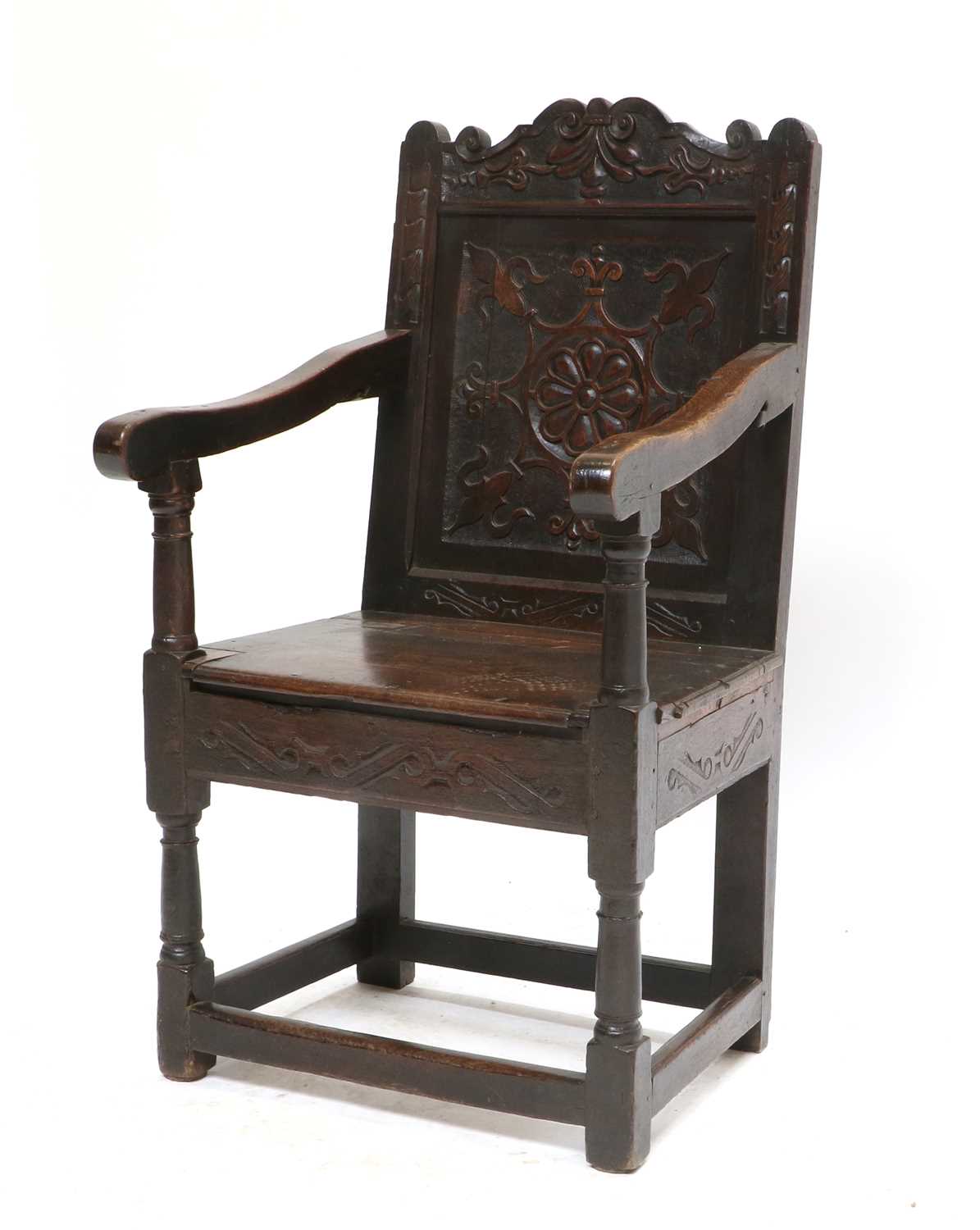 A Late 17th Century Joined Oak and Carved Wainscot Armchair, probably Scottish, the top rail - Image 3 of 4