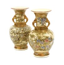 A Pair of Satsuma Earthenware Vases, signed Hododa, Meiji period, of hexagonal ovoid form, the