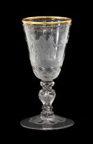 A Potsdam Wine Glass, attributed to Elias Rosbach, circa 1730, the rounded funnel bowl with gilt