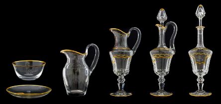 A St Louis Glass Claret Jug and Stopper, of panelled cut baluster form, engraved with a monogram