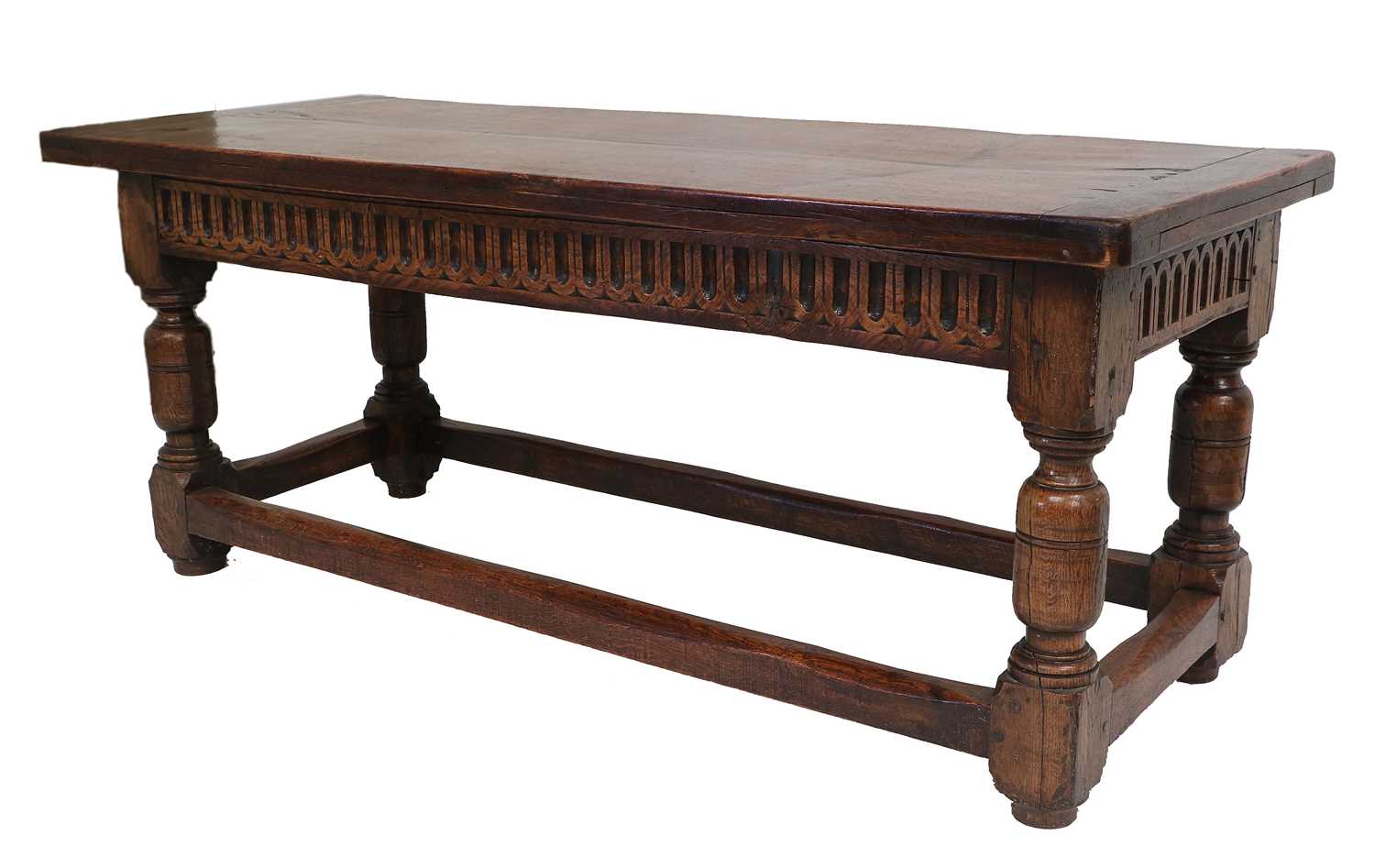 An Early 18th Century Joined Oak Refectory Dining Table, of two-plank construction with cleated ends