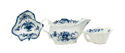 A Worcester Porcelain Geranium Leaf Butterboat, circa 1758, painted in underglaze blue with the