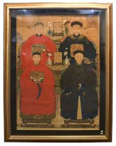 Chinese School (Qing Dynasty) An Ancestor Portrait, depicting four figures flanking two tables