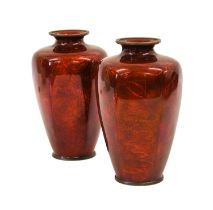 A Pair of Japanese Red Ginbari Enamel Vases, Taisho period, of hexagonal baluster form with