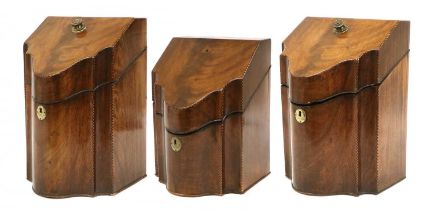 Two George III Mahogany and Parquetry-Decorated Knife Boxes, early 19th century, the hinged lids