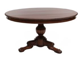 A Regency Irish Mahogany Circular Dining Table, early 19th century, the tilt top with gadrooned
