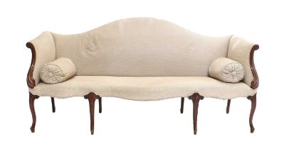 ~ A George III Mahogany Camel-Back Three-Seater Sofa, late 18th century, recovered in geometric