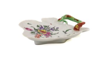 A Worcester Porcelain Leaf Dish, circa 1760, naturalistically modelled with crabstock handle,