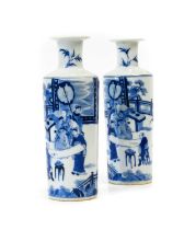 A Pair of Chinese Porcelain Small Rouleau Vases, Kangxi, of cylindrical form with flared neck,