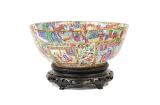 A Cantonese Porcelain Punch Bowl, mid 19th century, typically painted in famille rose enamels with
