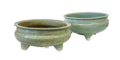 ~ A Longquan Celadon Tripod Censer, Ming Dynasty, 15th/16th century, of ovoid form with everted