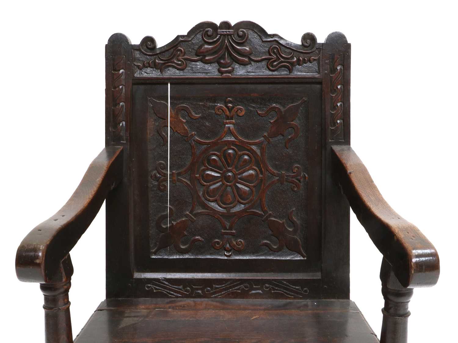A Late 17th Century Joined Oak and Carved Wainscot Armchair, probably Scottish, the top rail - Image 4 of 4