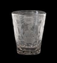 A Bohemian Glass Beaker, late 18th century, of bucket form, engraved four half-length figures