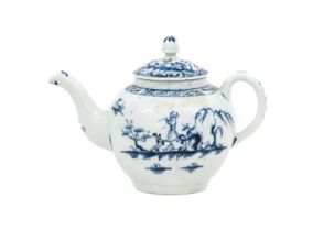 A Lowestoft Porcelain Small Teapot and Cover, circa 1765, painted in underglaze blue withe the Boy