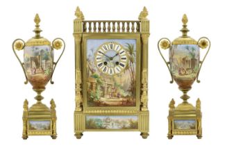 A Gilt Metal and Porcelain Mounted Striking Mantel Clock Garniture, circa 1880, case with a