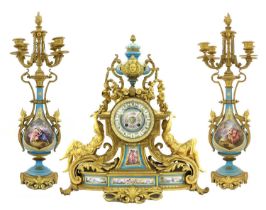 A French Ormolu and Porcelain Mounted Striking Mantel Clock Garniture, circa 1880, turquoise