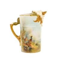 A Royal Worcester Porcelain Ewer, by James Stinton, 1907, of cylindrical form with lion mask