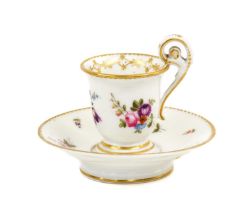 A Swansea Porcelain Miniature Cabinet Cup and Saucer, 1814-22, of campana form with scroll handle,