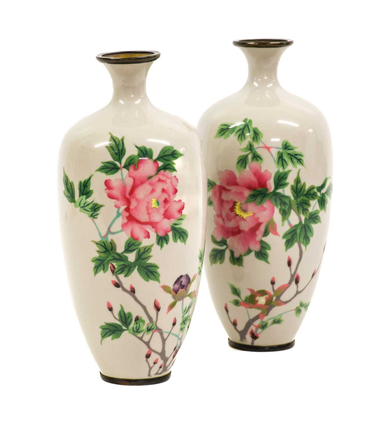 A Pair of Japanese Cloisonne Enamel Vases, Meiji/Taisho period, of baluster form with flared