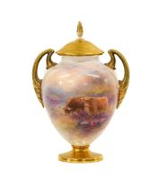 A Royal Worcester Porcelain Vase and Cover, by Harry Stinton, 1952, of ovoid form with loop handles,