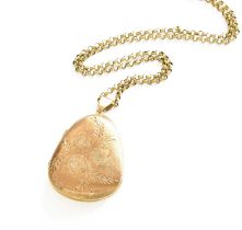 A 9 Carat Gold Locket on Chain, the irregular shaped locket engraved with a floral scene, on a