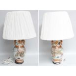 A Pair of Japanese Kutani Vases, mounted as table lamps, including shades, porcelain 35cm One