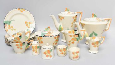 Burleigh Ware Art Deco Breakfast Wares in the Meadowland pattern, including tea and coffee pot,