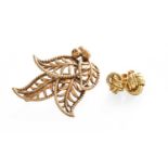 A Pair of 18 Carat Gold Knot Earrings, with post fittings; and A 9 Carat Gold Leaf Motif Brooch,