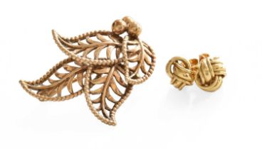 A Pair of 18 Carat Gold Knot Earrings, with post fittings; and A 9 Carat Gold Leaf Motif Brooch,