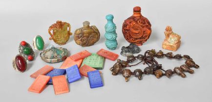 Two Chinese Carved Jade Snuff Bottles and a similar scholars seal, other reproduction snuff