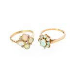 A 9 Carat Gold Opal and Diamond Cluster Ring, finger size Q1/2; and A 9 Carat Gold Opal Cluster