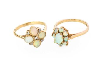 A 9 Carat Gold Opal and Diamond Cluster Ring, finger size Q1/2; and A 9 Carat Gold Opal Cluster