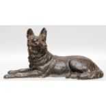 A Patinated Bronze Model of a Recumbent German Shepherd, early 20th century, 48cm long