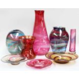 A Quantity of Sunderland Hand Blown Coloured Studio Glassware, five vases and three dishes (8)