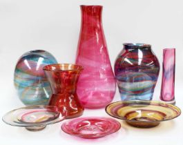 A Quantity of Sunderland Hand Blown Coloured Studio Glassware, five vases and three dishes (8)