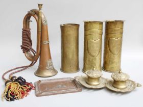 Three Trench Art Brass Shell Vases, a copper bugle, a brass inkstand, a lead-weighted copper